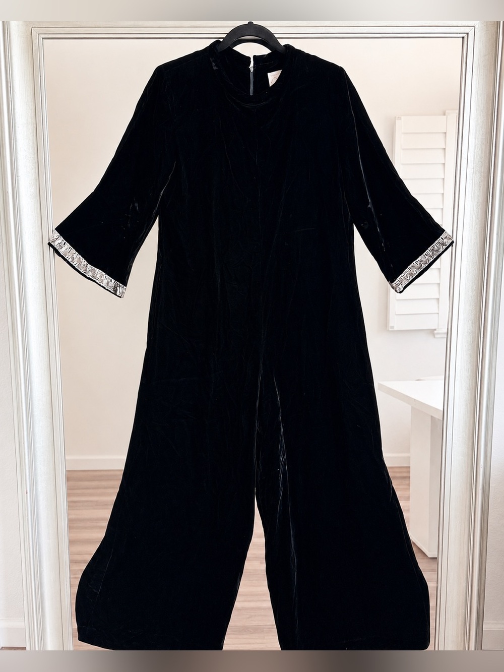 Vintage 70s Fashions by Marilyn Mod Black Velvet Wide Leg Jumpsuit Sequin Trim